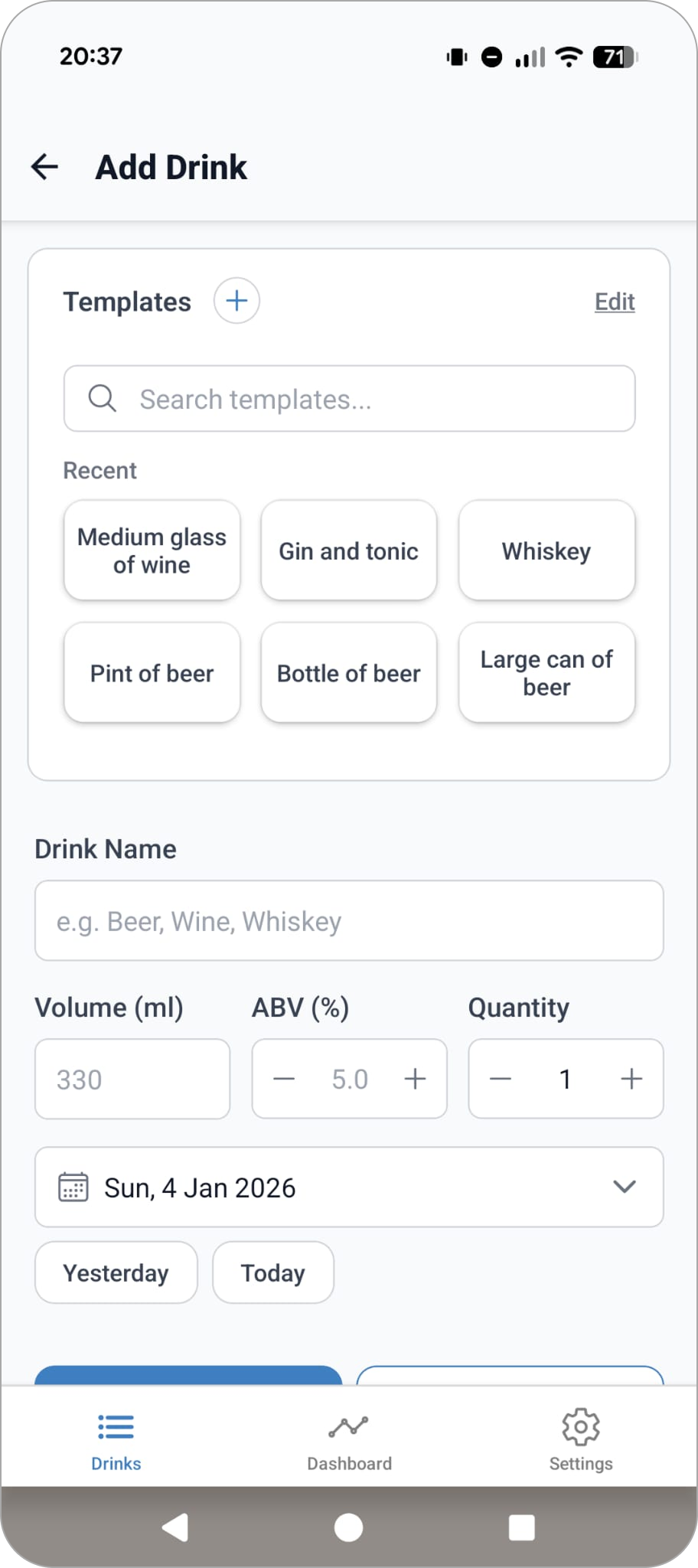 DrinkTrack add drink screen with quick entry options