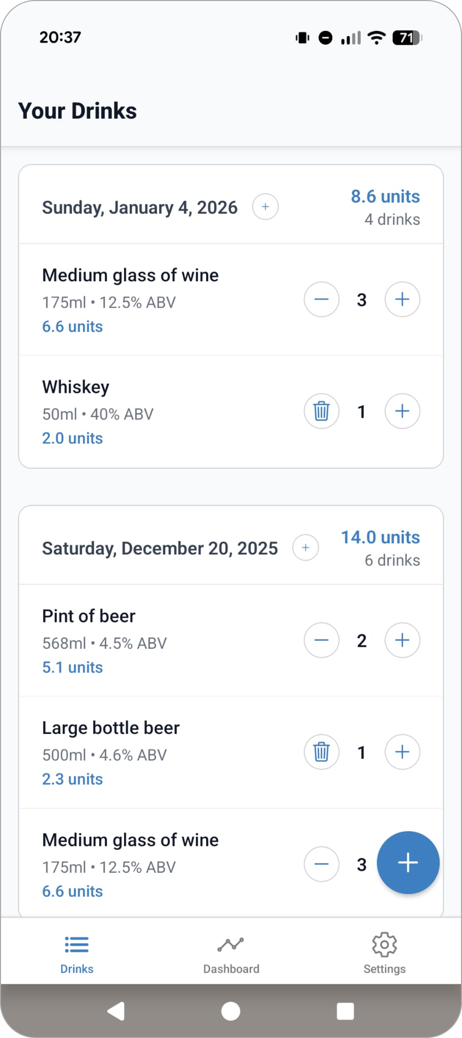 DrinkTrack drink history view with past entries